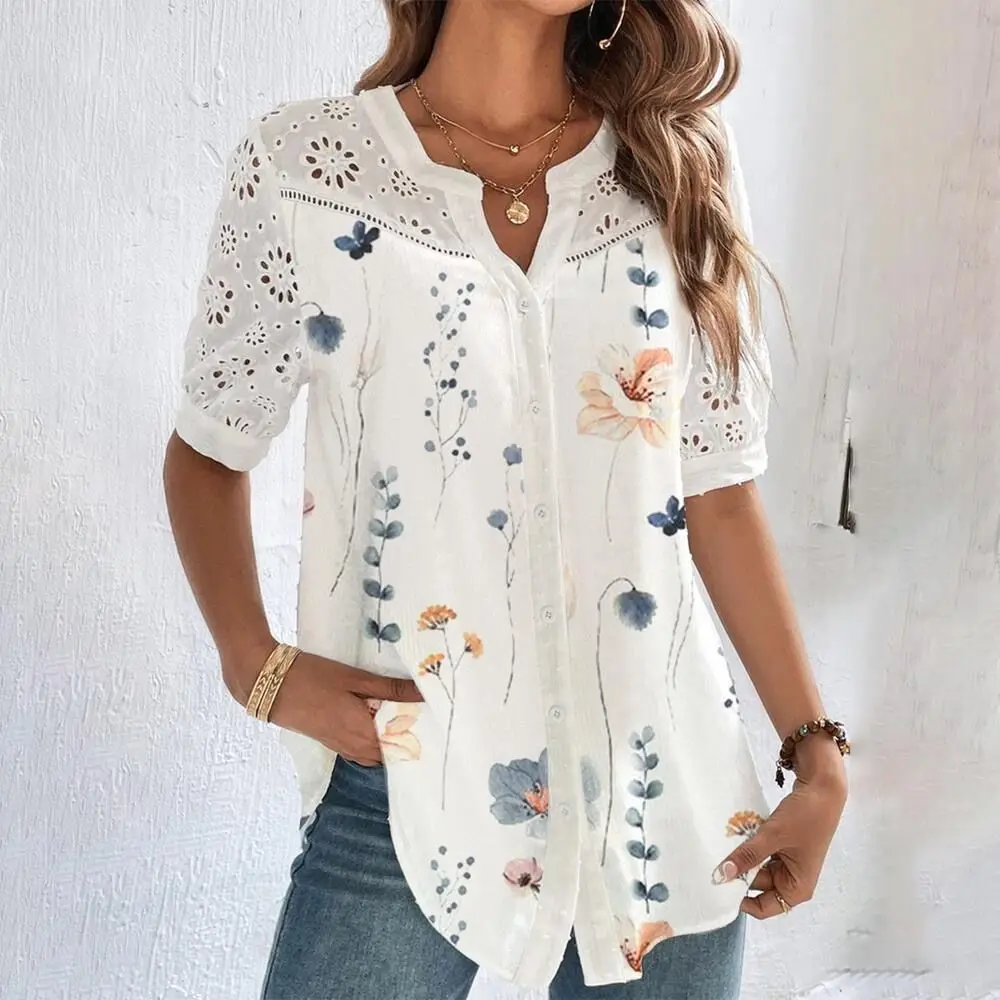 

Woman Elegant Short Sleeve Blouse Holiday Weekend Temperament Casual Lace Woman Shirt Fashion Loose Shirt