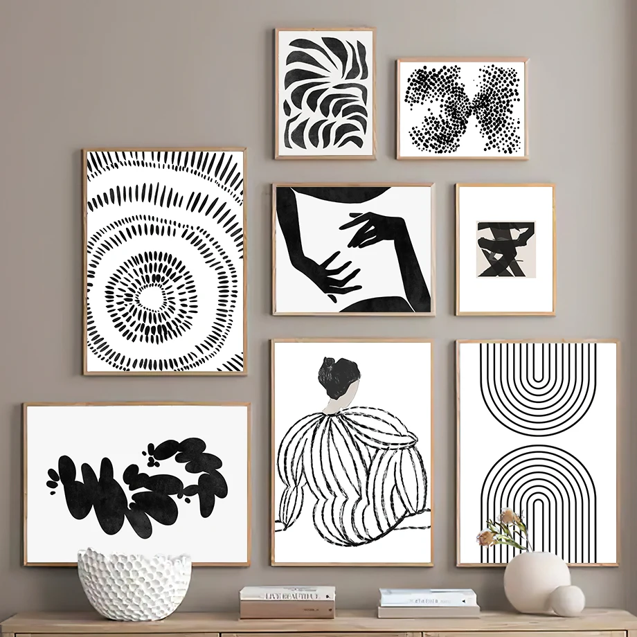 

Картина на холсте Черно-белые минималистские линии девушка геометрические листья плакаты принты для гостиной домашний декор Настенная кар...