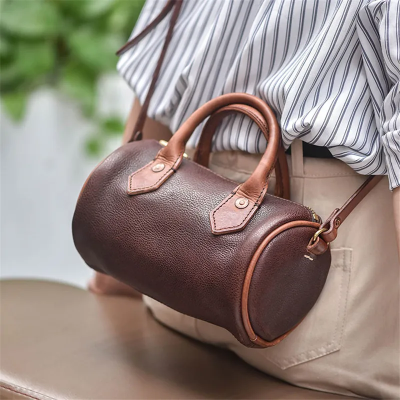 

Fashion designer luxury genuine leather ladies small cylinder Shoulder messenger bag organizer real cowhide women's handbags