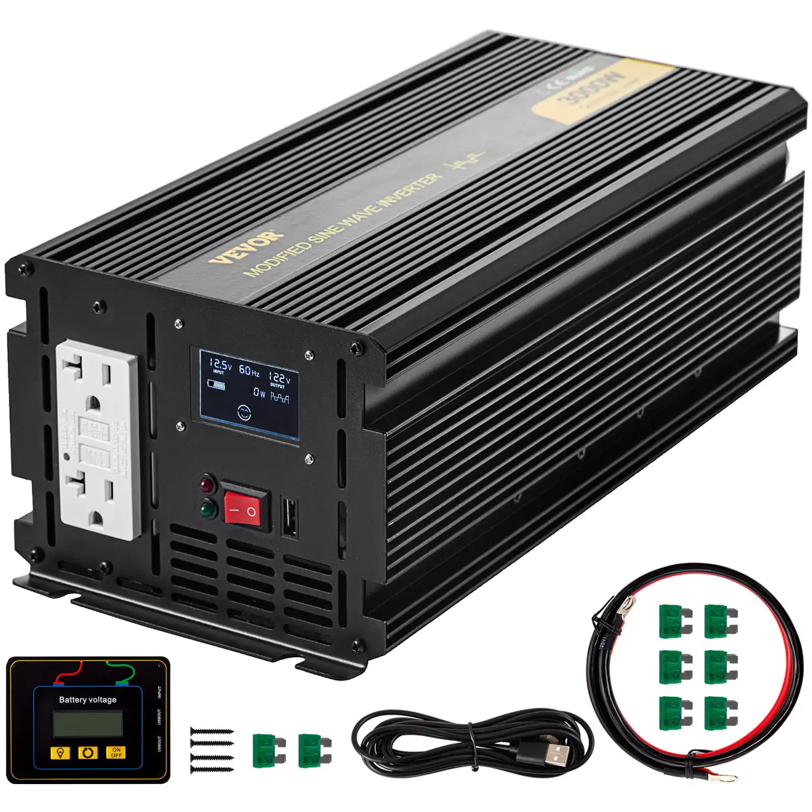 

Power Inverter 3000W Modified Sine Wave Inverter DC 12V to AC 120V Car Converter with LCD Display Remote Controller LED Indicato