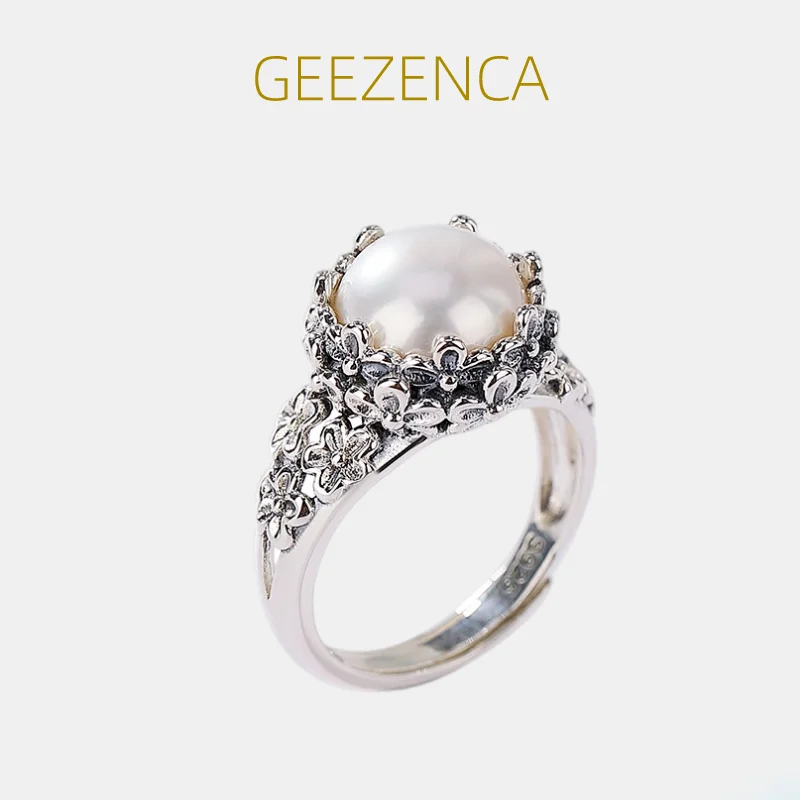 

GEEZENCA 925 Sterling Silver Plum Flower Natural Pearl Bead Ring For Women Artistic Ethnic Vintage Resizable Rings 2023 New Gift