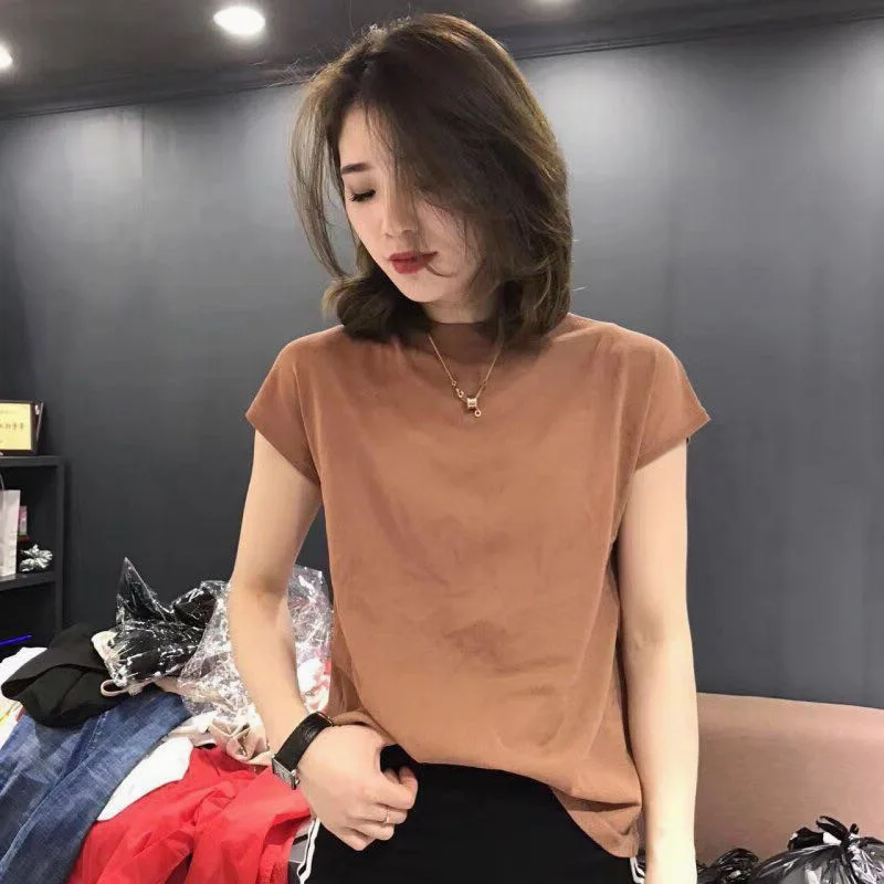 

2023 New Spring And Summer T-shirt Pullover Short-sleeved Women's Loose Half-high Neck Tencel Linen Knitted Jacket