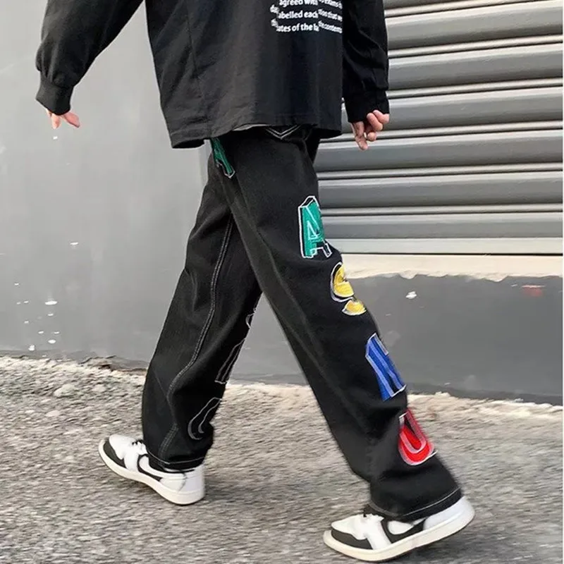 2022 Vibe Style Letter Embroidery Straight Men Wide Jeans Trousers Hip Hop Punk Male Y2K Casual Denim Pants Baggy Pantalon Homme