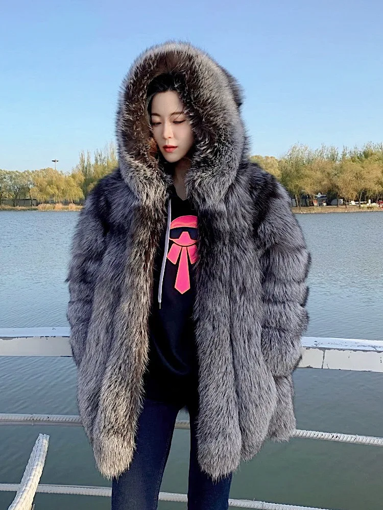 Silver Red Fox Fur Hooded Fur One-Piece Young Mid-Length Women's Fur Plush Coat Winter Large Size Winter Fox Fur Jacket Hood Coa