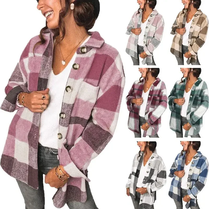 Autumn/winter Plaid Women's Shirt Jacket Casual Style Pocket
