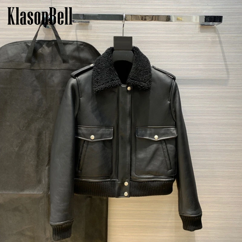 

9.20 KlasonBell Black Short Keep Warm Thick Shearling Sheepskin Genuine Leather Moto & Biker Jacket Women
