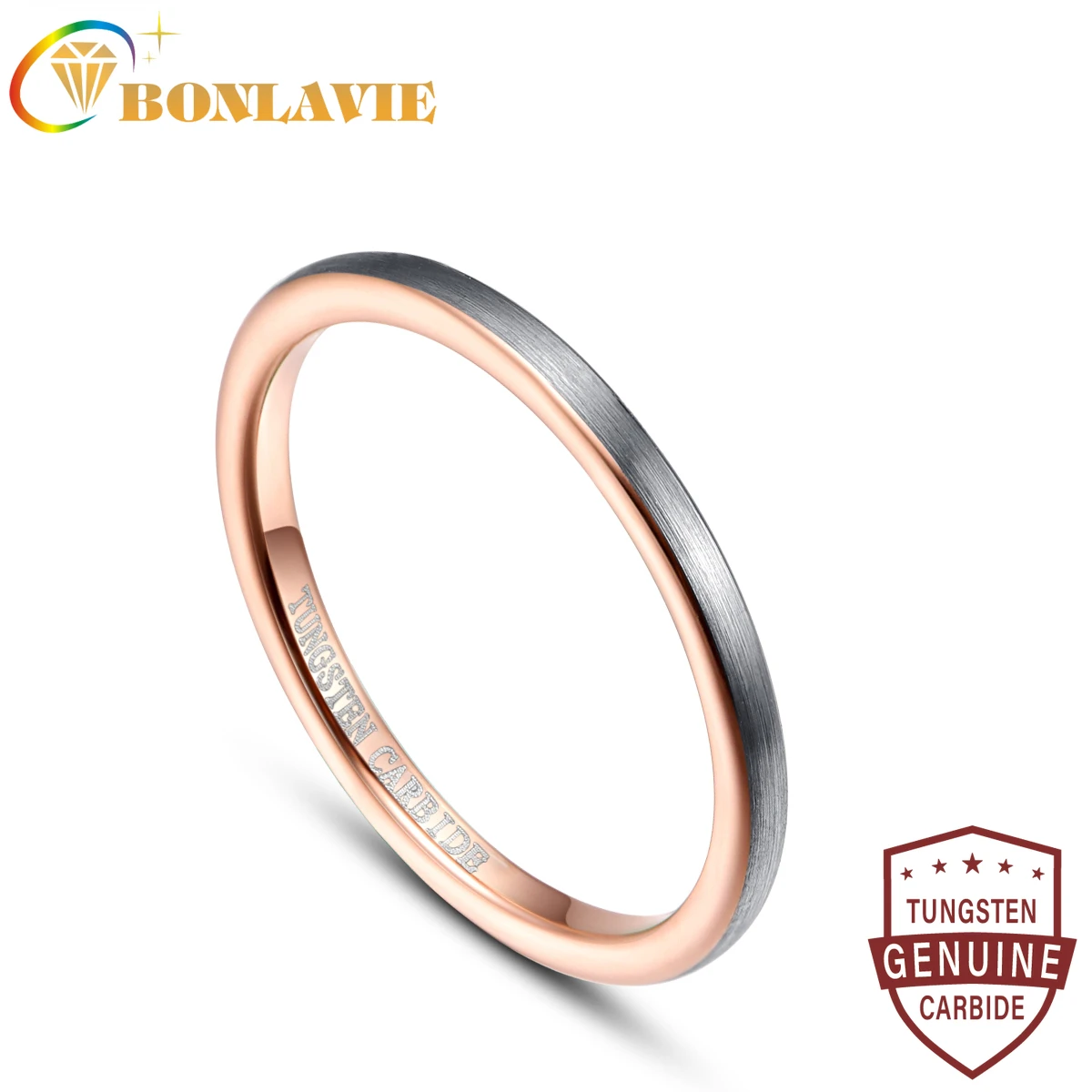 

BONALVIE 2mm Width Surface Brushed Inner Ring Rose Gold Color Tungsten Steel Ring Promise Anel Masculino Tungsten Carbide Ring