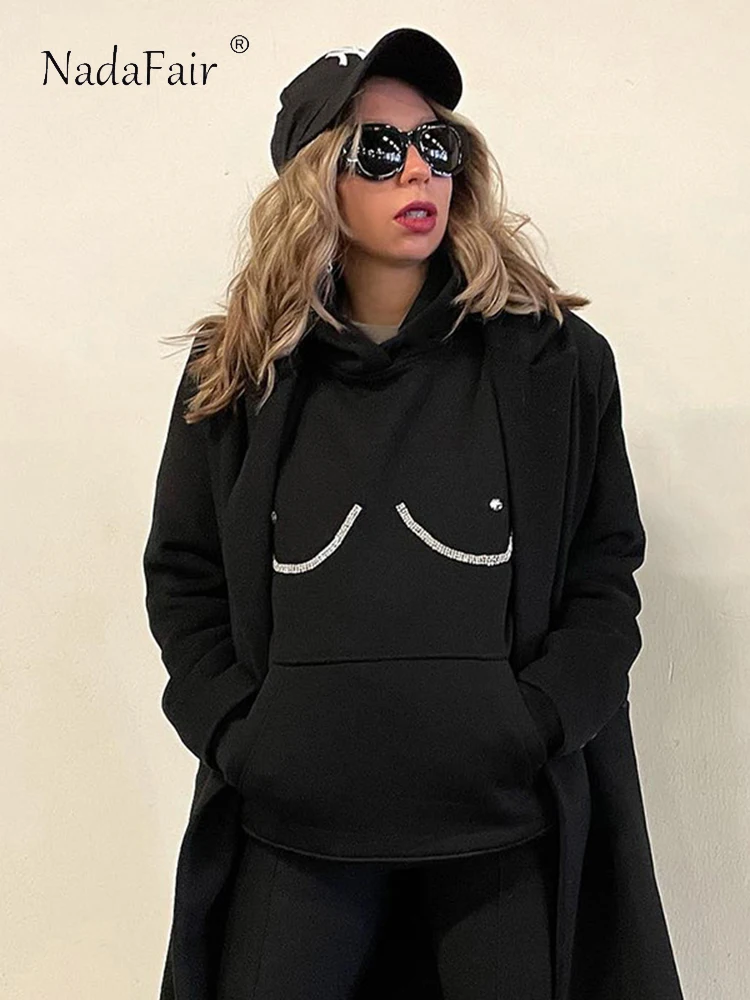 

Nadafair Casual Oversized Hoodie Women Autumn 2022 Winter Black Jumper Rhinestone Long Sleeve Loose Streetwear Fashion Pockets