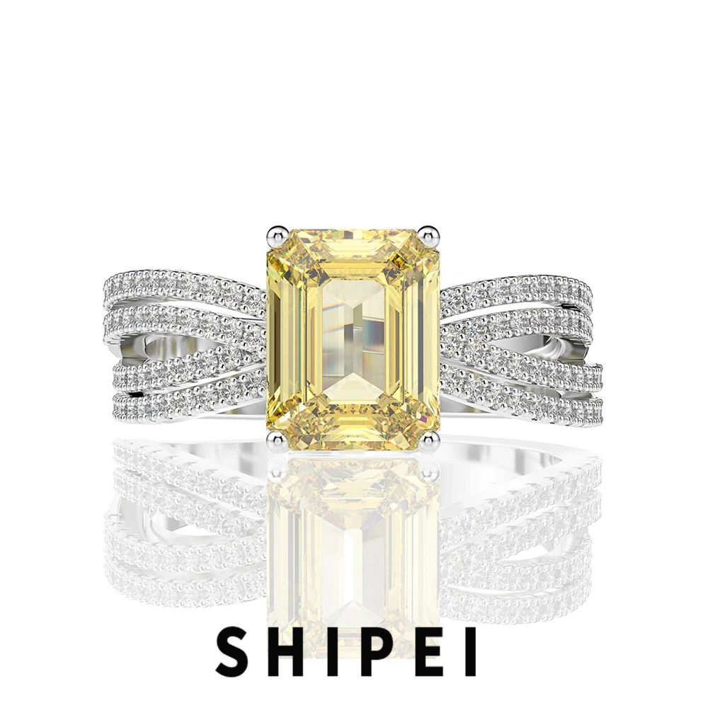 

SHIPEI Luxury 925 Sterling Silver Emerald Cut 3CT Citrine Gemstone Wedding Engagement Cocktail Women Ring Jewelry Drop Shipping