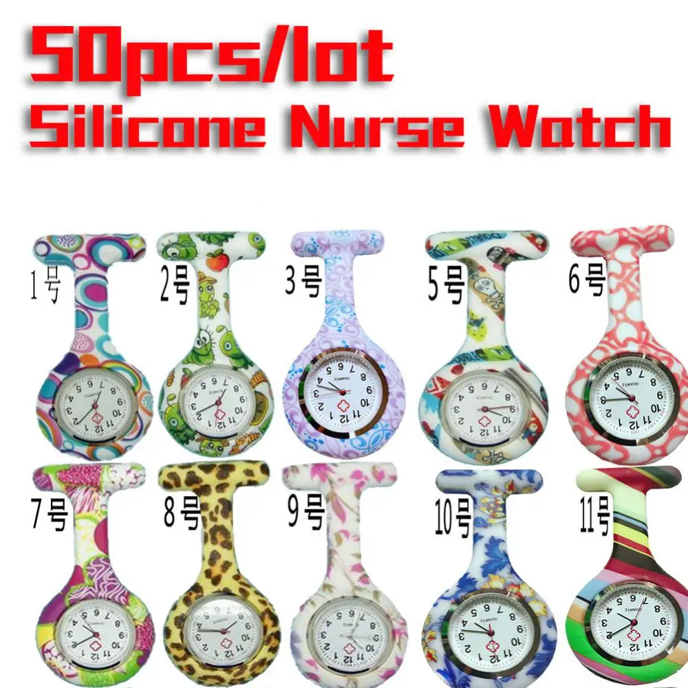 50pcs/lot Floral Print Silicone Nurse Watch Medical Pocket Watch Clip On Fob Quartz Brooch Hanging Pocket Watch For Men Women