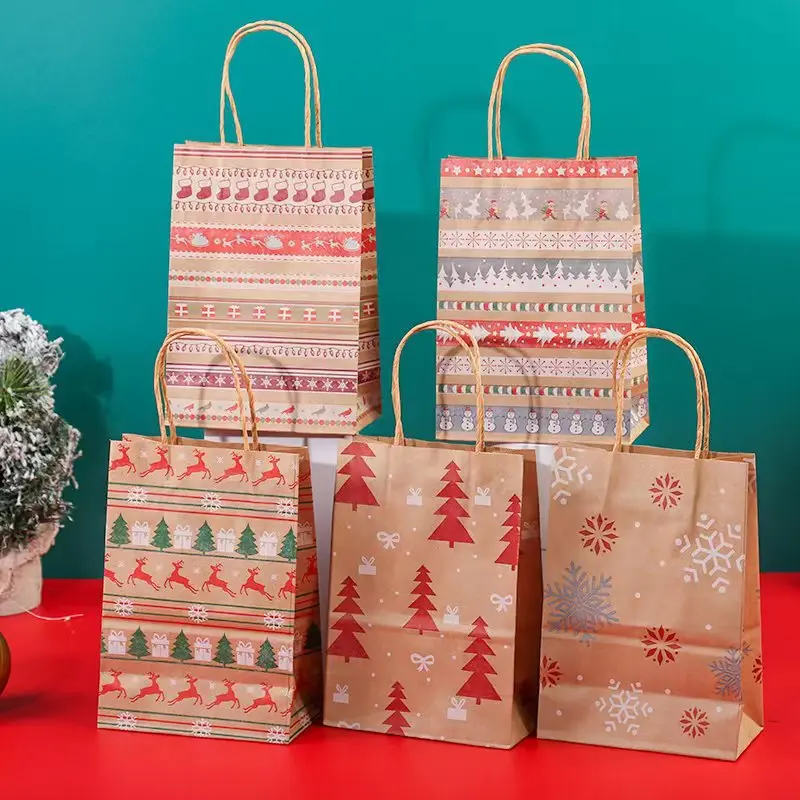 2023 New Kraft Paper Christmas Portable Gift Bag Handwork Paper Party Tote Bag For Candy Gift Xmas Santa Tree Deer Package 12pcs
