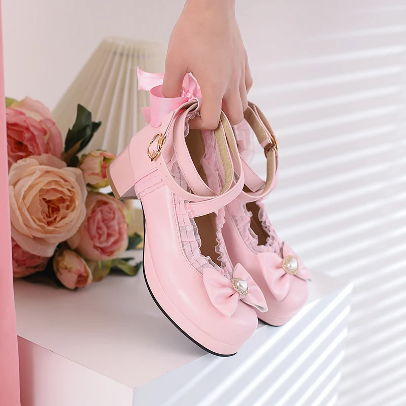 2023 new Spring women pumps  plus size 22-26.5cm Pearl mesh bow ankle buckle Lolita shoes cute mary jane shoes platform shoes