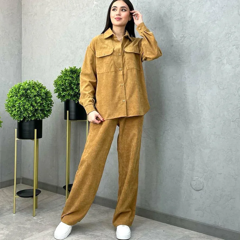 

Two-Piece Set Outfits for Women, Black Trousers Suit, Long Sleeve Shirts, Wide Leg Pants, Female Tracksuit, Autumn and Winter