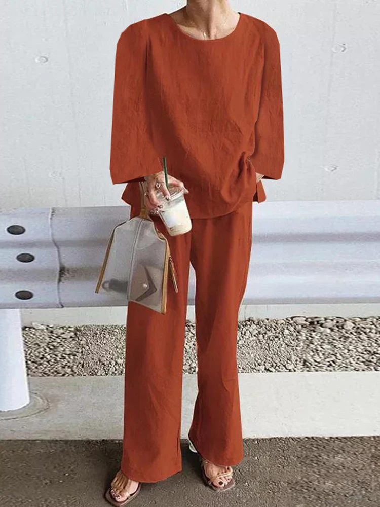 

Spring Women O neck Top + Pocket Pants Simple Cotton Linen 2pc Set Casual Streetwear Long Sleeved Suit Elegant Solid Home Outfit