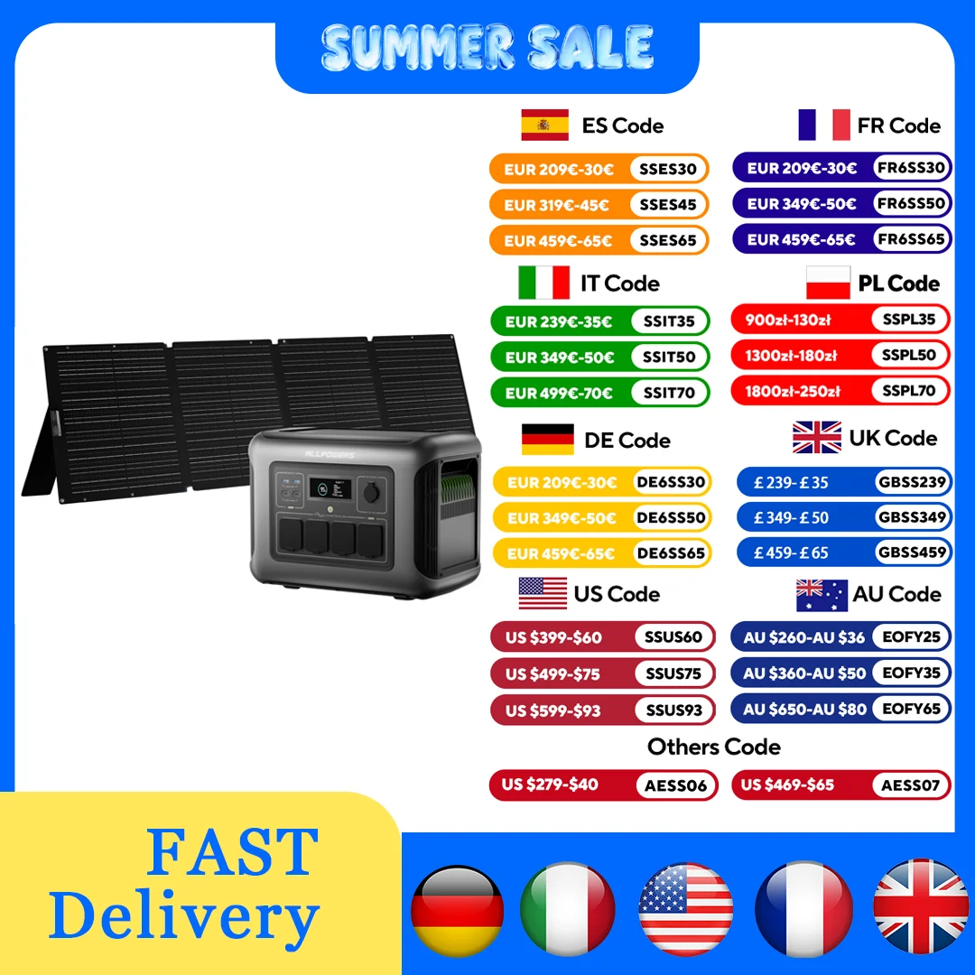 ALLPOWERS R1500 LITE Portable Power Station 1056Wh Solar Generator & Solar Panel 2×100W / 140W / 200W / 400W / 600W for Camping