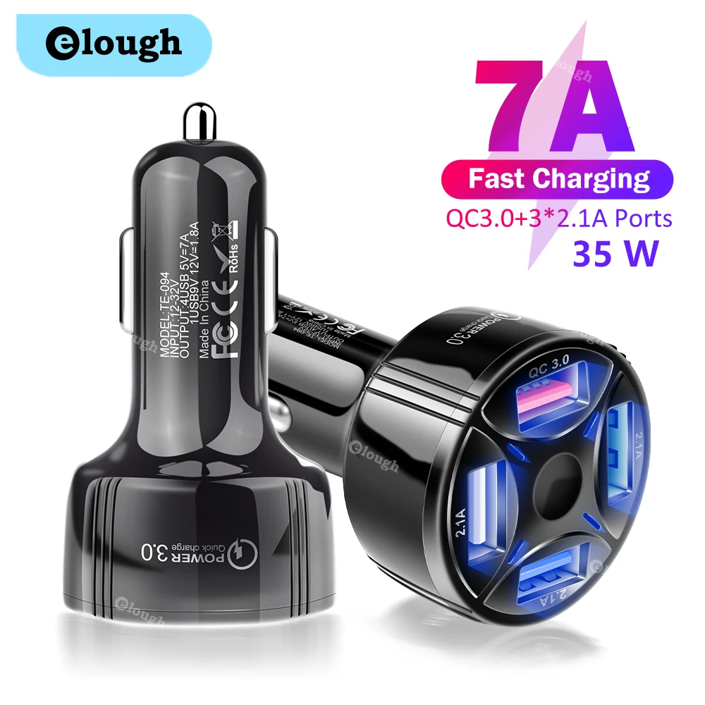 

4-Ports USB Car Charger Quick Charge 3.0 PD Fast Car Charging Cigarette Lighter For For iPhone 13 12 11 Xiaomi Huawei Phone Car