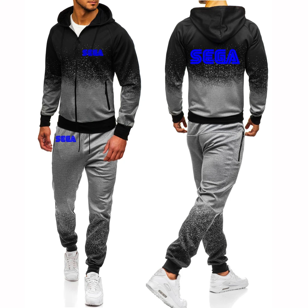 

Sega Logo 2023 Men's New Gradient Color Zipper Hoodie Sweatshirts Tops + Sweatpants Fleece Hooded Pullover Fashion 2-piece Sets