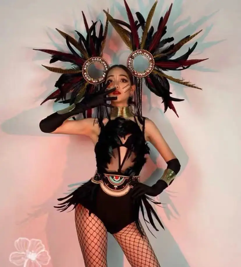 Комбинезон Dark Queen Женский атмосферное платье с перьями для ночного клуба яркое