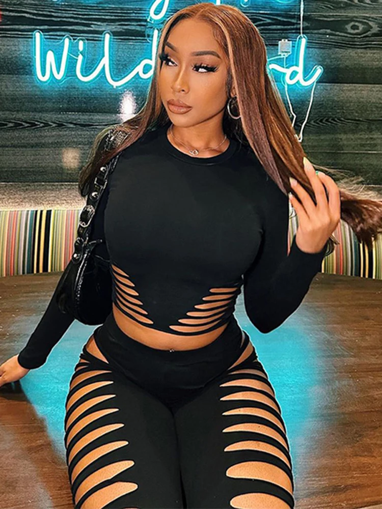 

Sibybo Fall Outfits Women Hollow Out Long Sleeves+Pants Sets 2 Piece Slim See Through O-Neck Top Street Casual Femme Sportswear