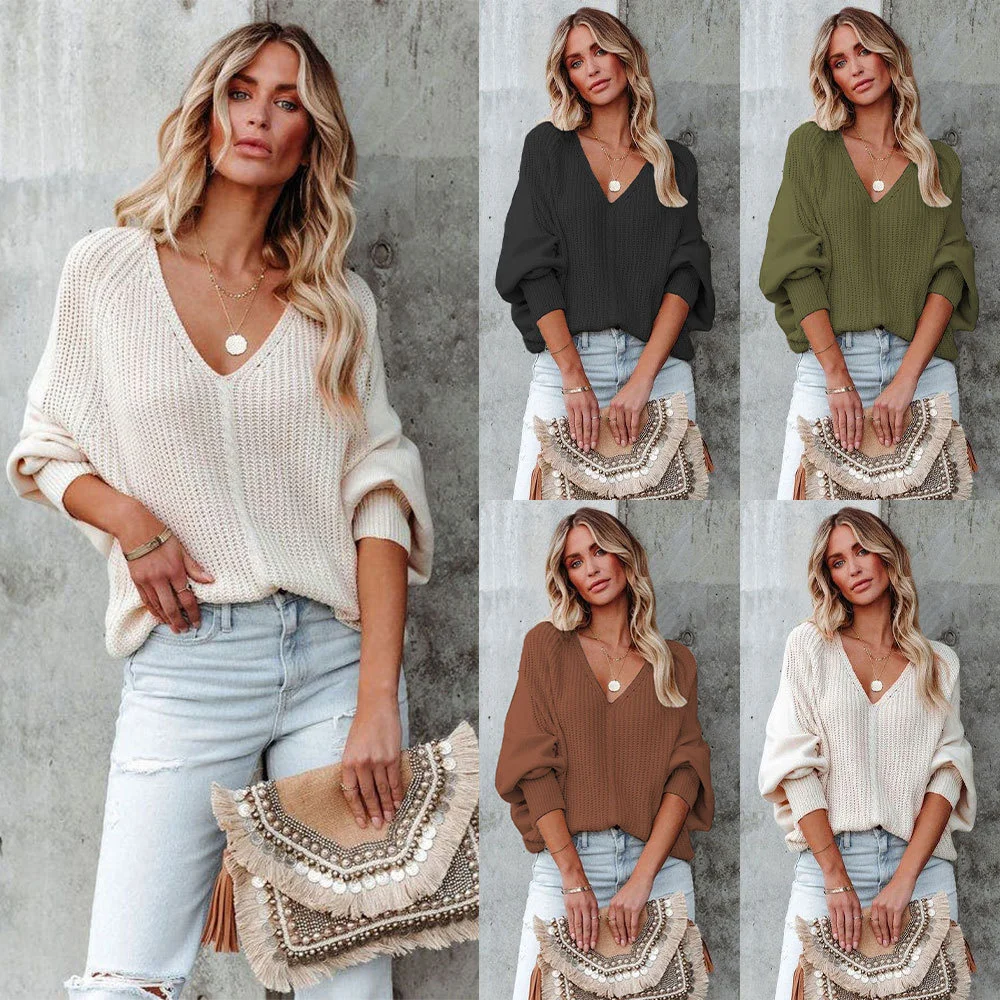 

Autumn and winter 2023 Casual Fashion Button rope bat sleeve sweater loose Pullover off shoulder sweater women