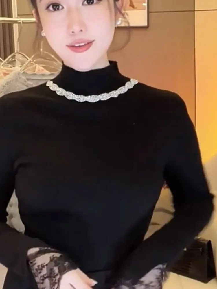 French sle Half-high Collar Beads Pullover Top Bottoming Shirt Western Sle Lace Stitching Long sleeve Knit Slimming High-End
