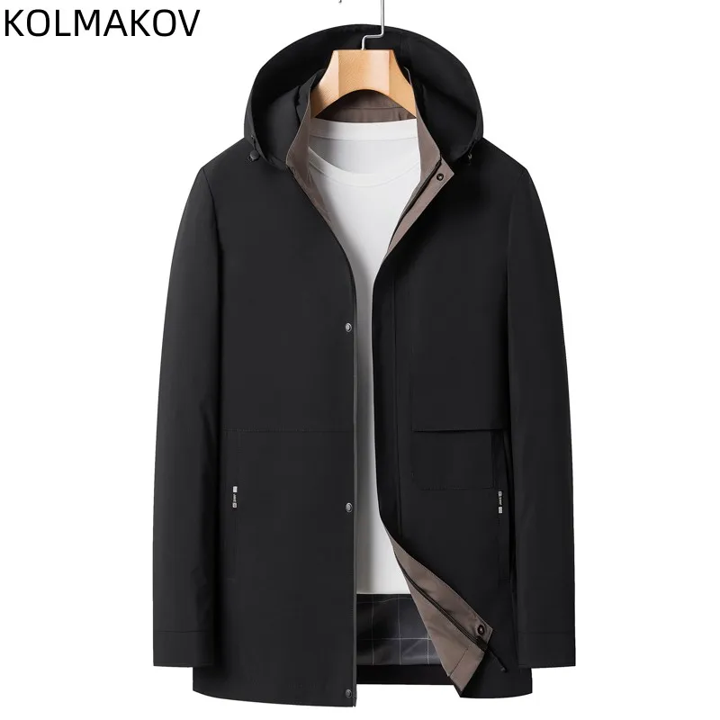 

Мужской свободный Тренч с капюшоном, темно-синяя повседневная куртка, большие размеры, весна-осень 2023