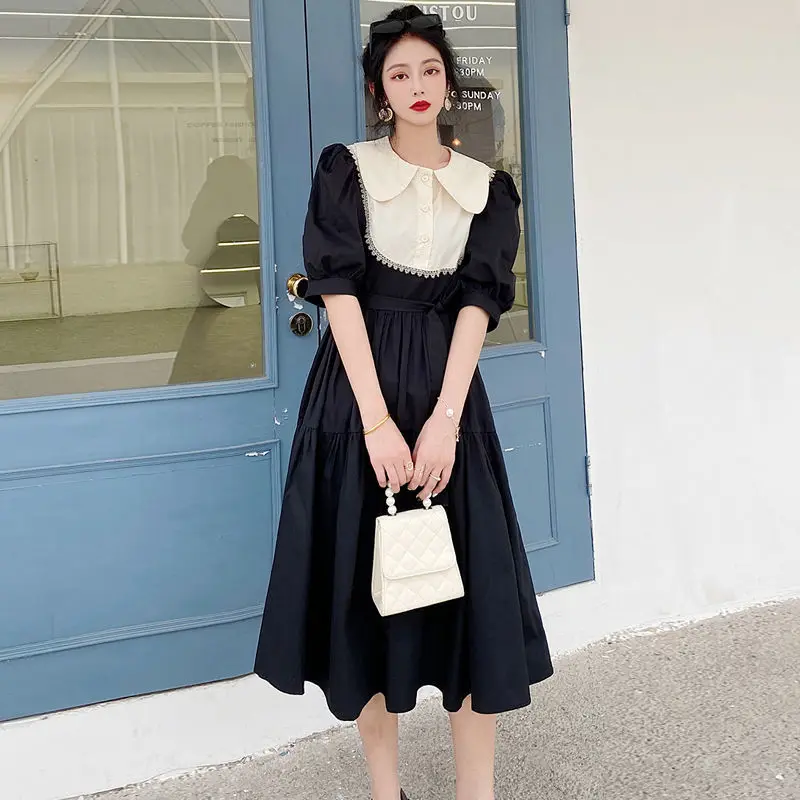 

Vintage Lacing Midi Dress Summer New Short Sleeve Contrast Loose Pleated Elegant Dress Fashion Temperament Women Clothing
