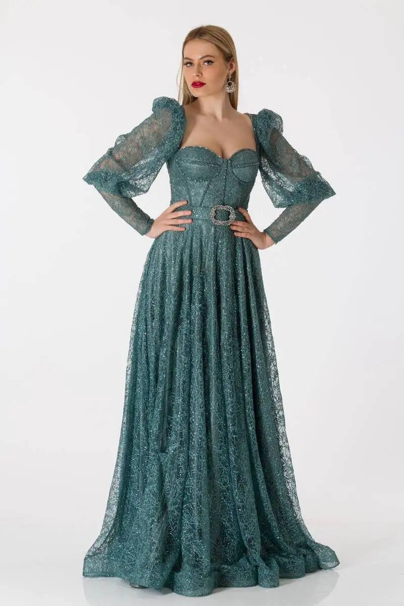 

Women's Fluffy Sleeve Detail Evening Dress Green Mold