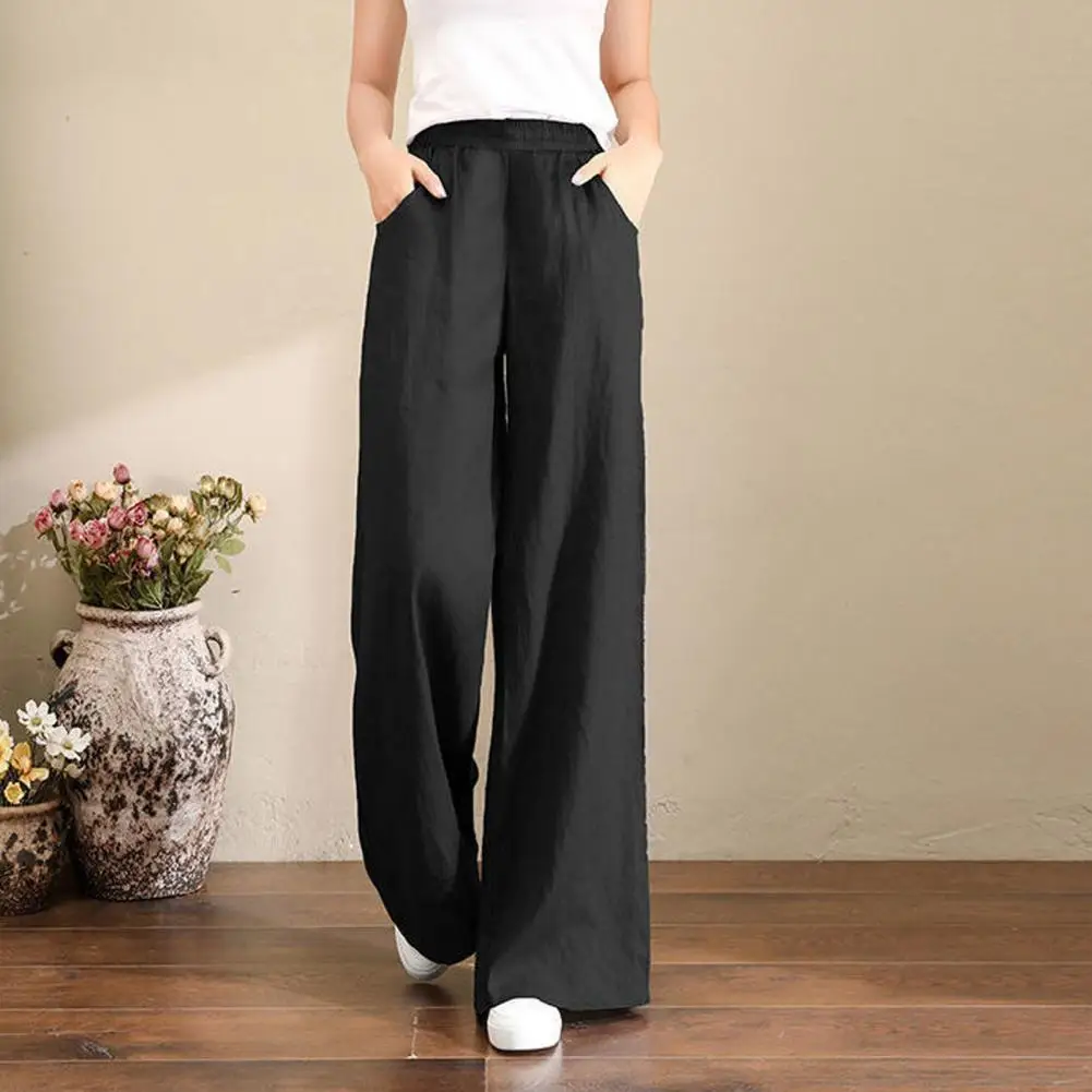 

Trendy Straight Elastic Waist Lady Pants Summer Trousers Full Length High Waists