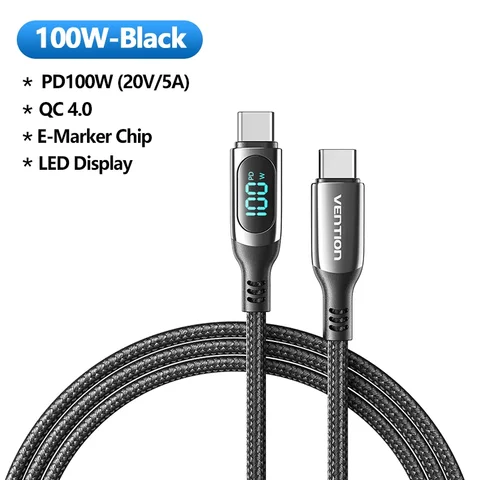 Кабель Vention USB C, 100 Вт, для Xiaomi MacBook Pro, Samsung, зарядное устройство для быстрой зарядки, провод PD, кабель с LED-дисплеем