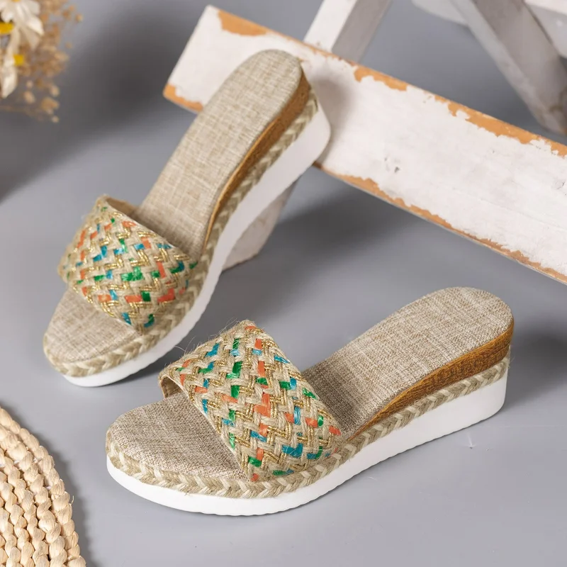 

Women's Wedge Slippers Summer New Thick-soled Medium Heel Women's Shoes Printed Woven Beach Outdoor Sandals Espadrilles Slides