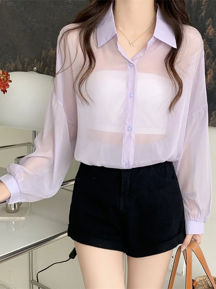 Woherb 2023 Просвечивающая рубашка для женщин блузка с длинным рукавом Женский Летний