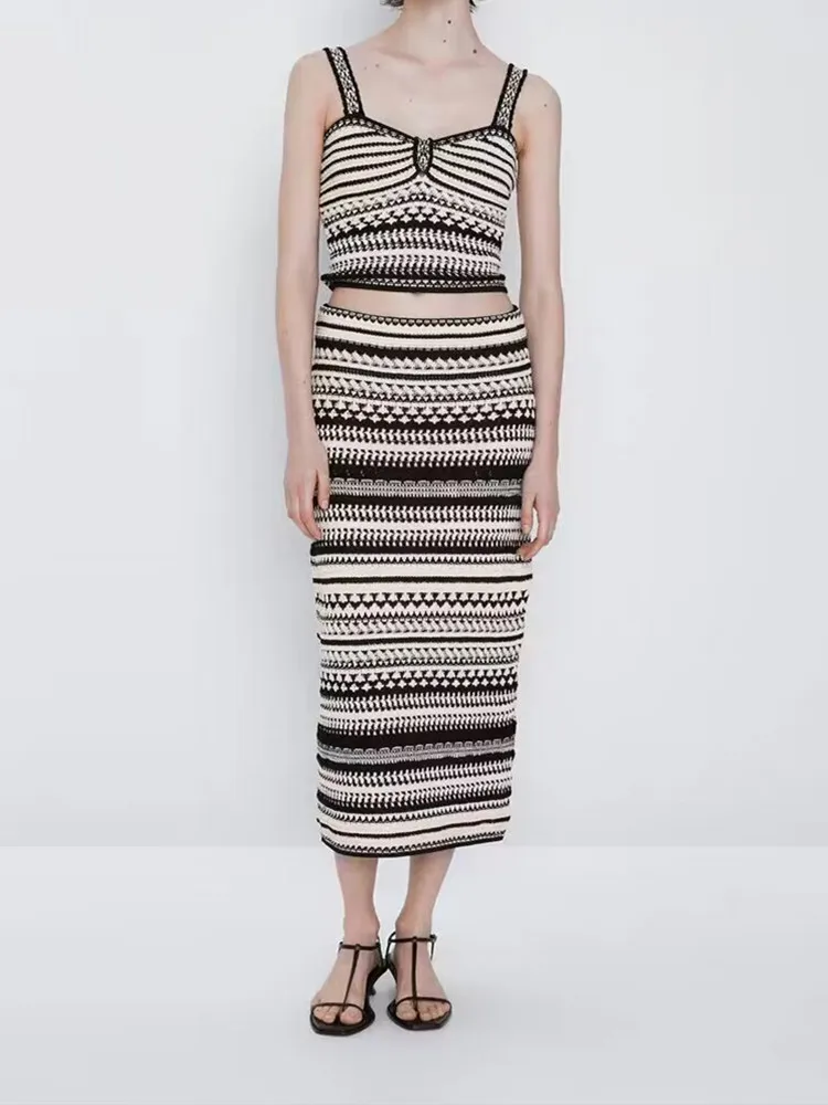 

Women's Knit Stripes Jacquard Suit 2023 Summer Slim Sleeveless Knitted Tank or High Waist Knitwear Midi Skirt Lady Bohemian Set