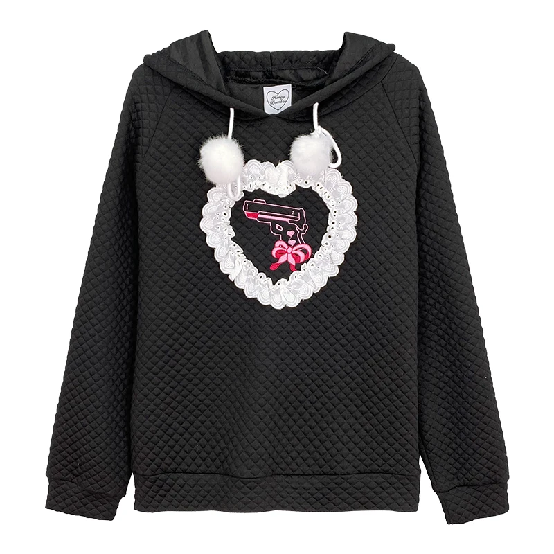 

Уличная одежда в стиле Харадзюку, Толстовка для женщин, кавайная зимняя черная винтажная японская Готическая Лолита, кружевная толстовка с ...