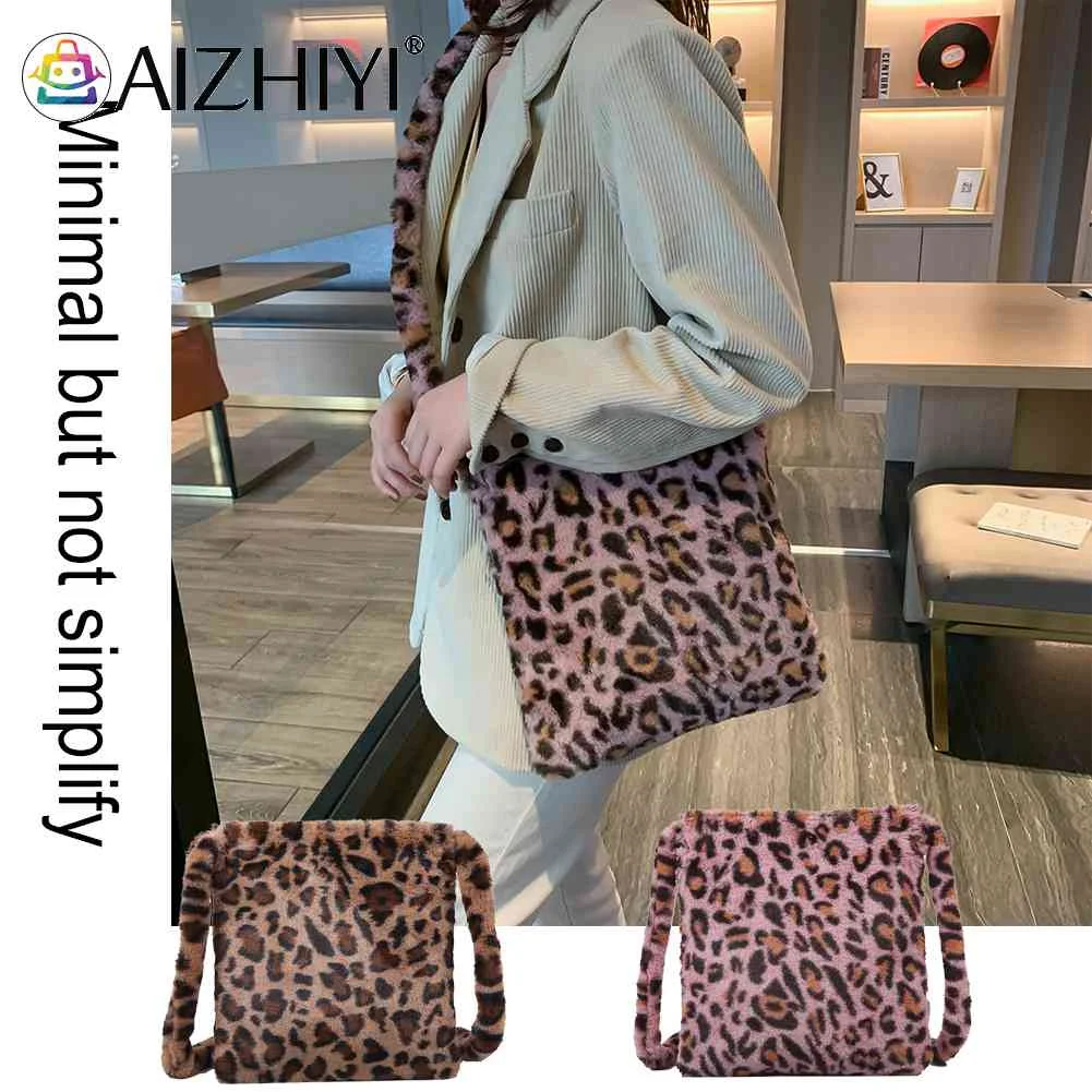 

Fashion Leopard Print Crossbody Handbag Women Plush Soft Casual Shoulder Messenger Shopping Bag Comfort Winter Vintage Phone Bag