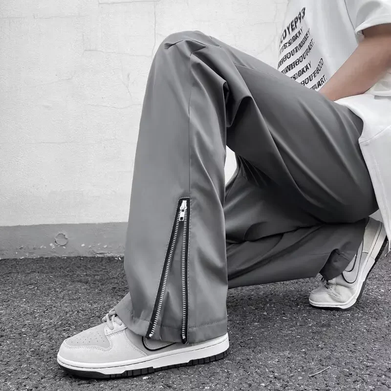 Spring Autumn Casual Pants Loose Fit Wide Leg Zipper Design Trendy Fashionable Versatile Long Trousers Elastic Waist Split
