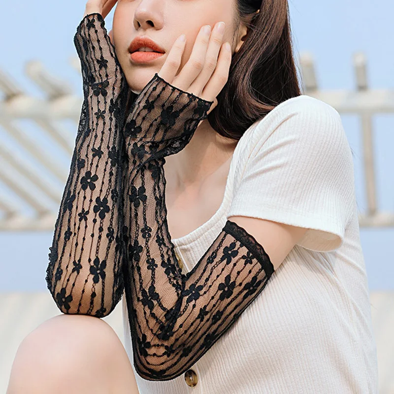 

Mesh Arm Thin Sun Protection Sleeves Women Long Flower Lace Hollow-Out Fingerless Gloves Sunscreen Summer Driving Cycling Gloves