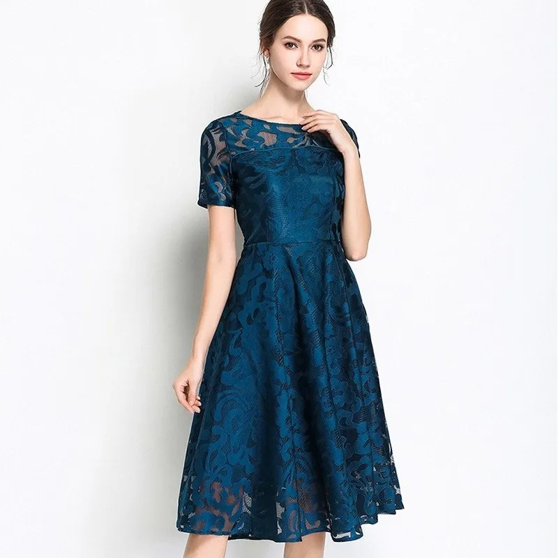

Women Summer Elegant Lace Dress Festa Female Office Cocktail Party Robe High Quality Designer Vintage Mesh Vestidos