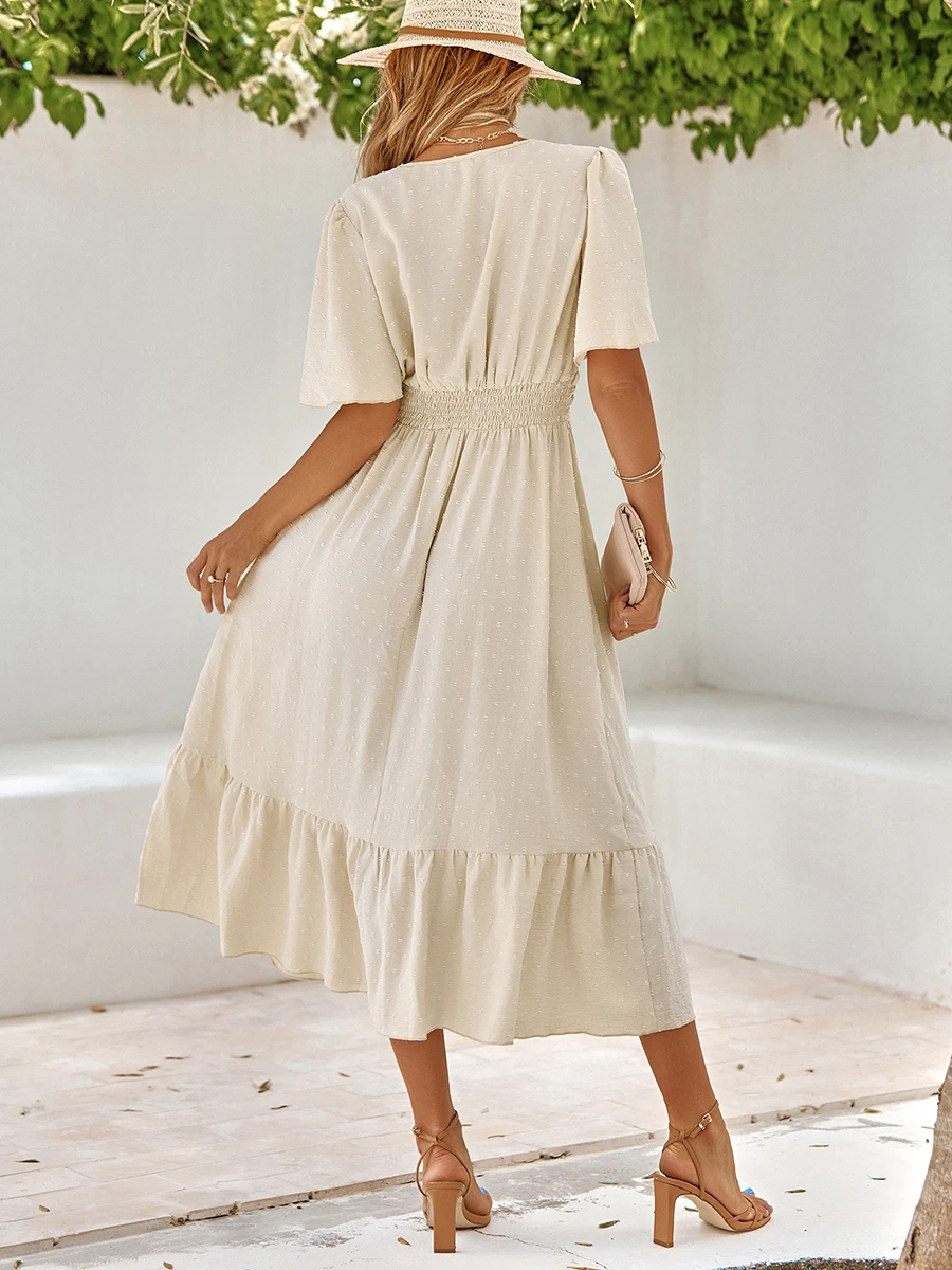 

Elegant Swiss Dot V-Neck Ruffle Dress for Women - Short Sleeve Solid Color Summer Casual Dress with Sweet Fashion Temperament -