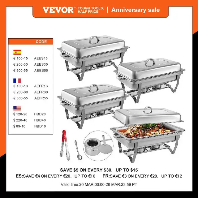 Vevor 9l/8 quart chafing dishes buffet stove food warmer stainless steel foldable for self-service restaurant catering parties