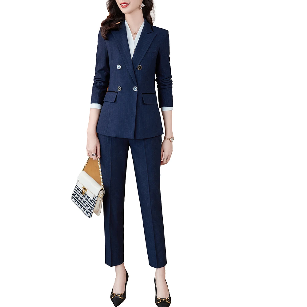 2022 New Winter Women's Pants Suit 2 Pieces Set Formal Elegant Ladies OL Blazer Female Striped Jacket + Trousers Plus Size S-4XL