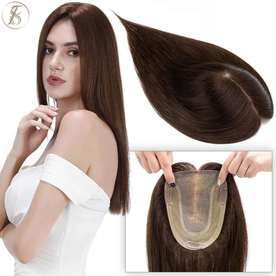 TESS Women Topper 12x16cm Hair Clips Hair Topper Natural Hair Wigs 100% Human Hair Silk Base Clip In Hair Extension Blonde Women