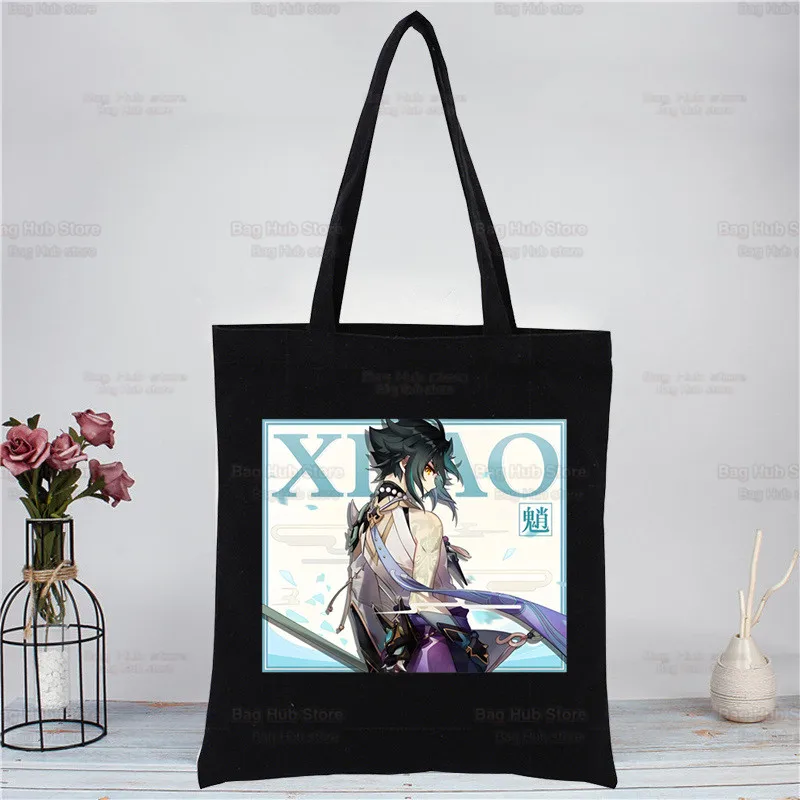 

Genshin Impact Xiao Anime Game Handbags Cloth Canvas Tote Bag Black Shopping Travel Women Eco Reusable Shoulder Shopper Bags