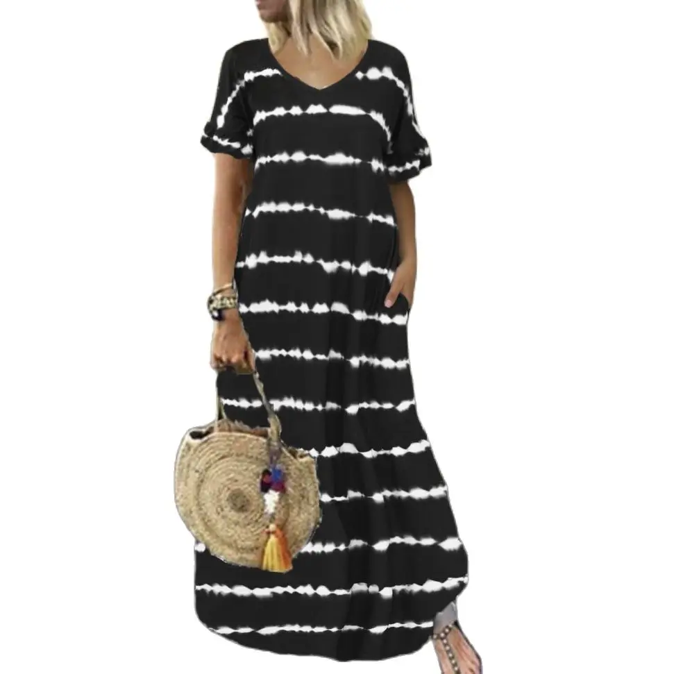 

Summer V-neck Ruffles Short Sleeve Casual Loose Long Dress Women Fashion Striped Print Robe Maxi Holiday Vestidos Plus Size 5XL