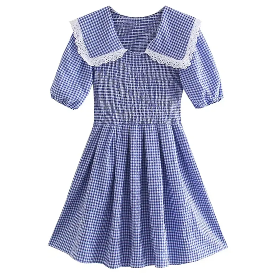

Withered England Style Summer Pan Collar blue Plaid Lace dress Fashion High Street Vintage Peter Splicing Sheath Party Dress
