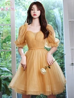 yellow short mini graduation dresses 2022 tulle pleats sweetheart cap short sleeves ball gown formal party gowns romantic