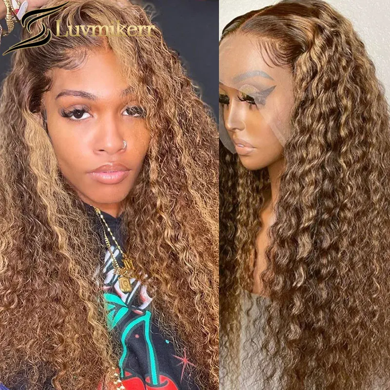 

Curly 360 Lace Frontal Wig Pre Plucked Highlight Honey Blonde Ombre Colored Brazilian 13x4 Human Hair HD Front Wig For Women 150