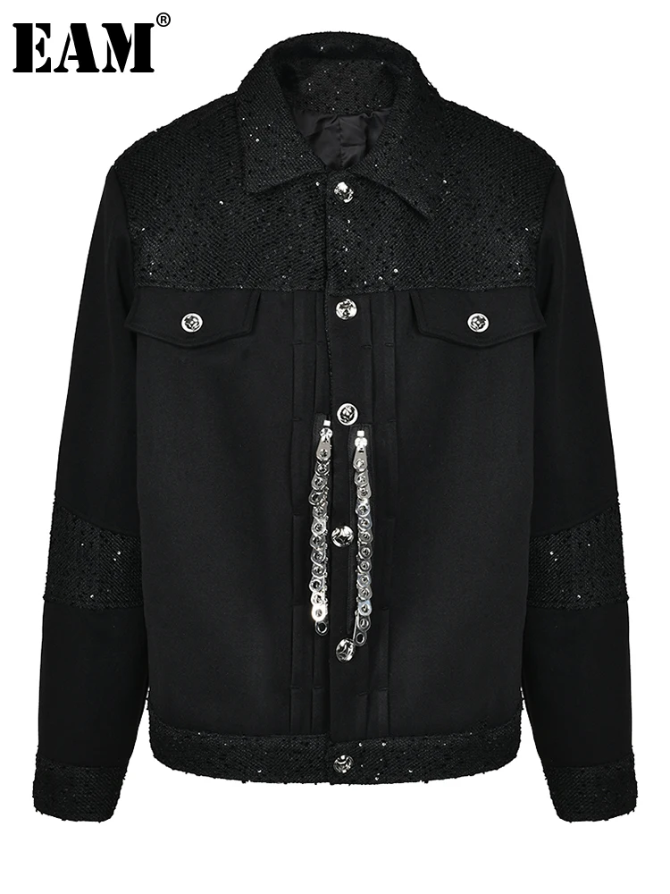 

[EAM] Loose Fit Black Metal Zipper Big Size Jacket New Lapel Long Sleeve Women Coat Fashion Tide Spring Autumn 2023 1DH1458