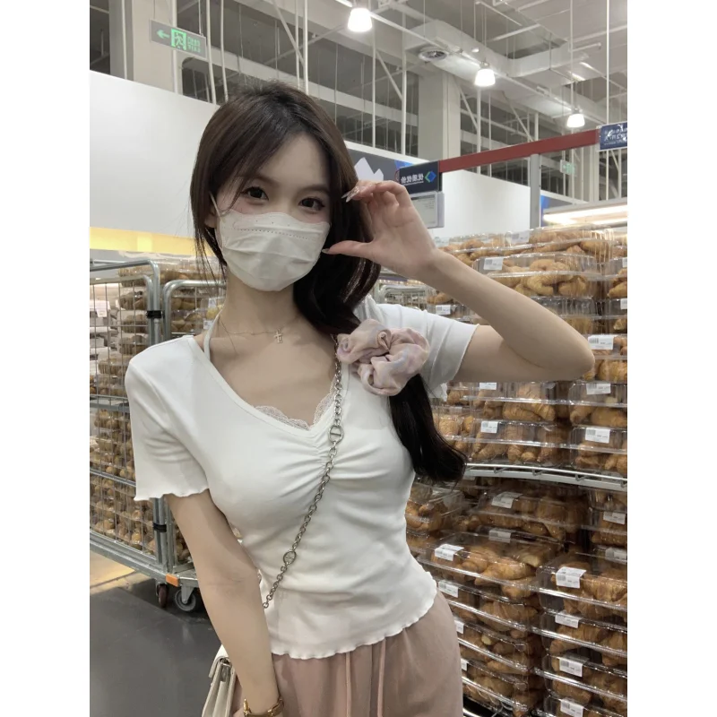 

Sweet V-neck Pleated Wood Ear Edge Cotton T-shirt Short Sleeve Women's Shirt Cropped Tops Tees Casual Streetwear