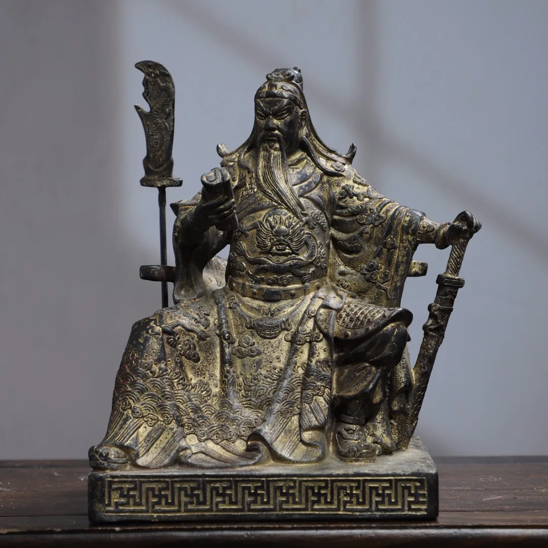 

8"Tibet Temple Collection Old Bronze Cinnabar Gilding spring autumn Guan Yu God of War Sitting statue Worship Hall Town house